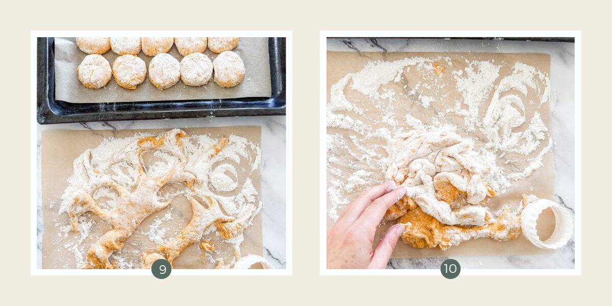 Pumpkin scone dough cut out into rounds on tray. Excess dough being collected in a pile. 