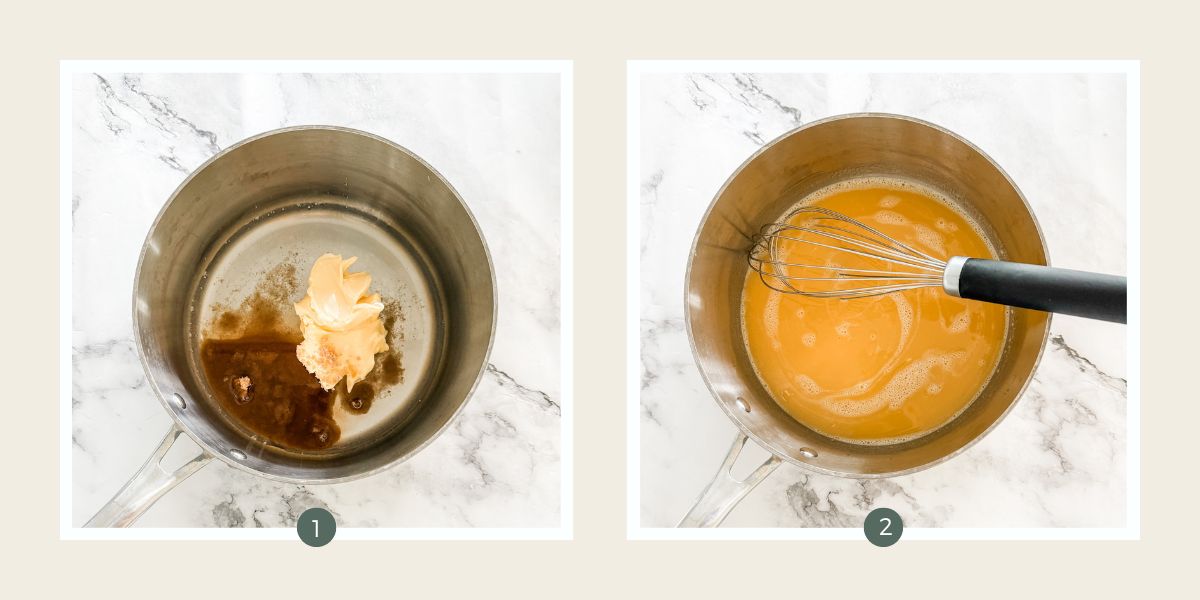 Saucepan with water, butter and brown sugar and melted in the other. 