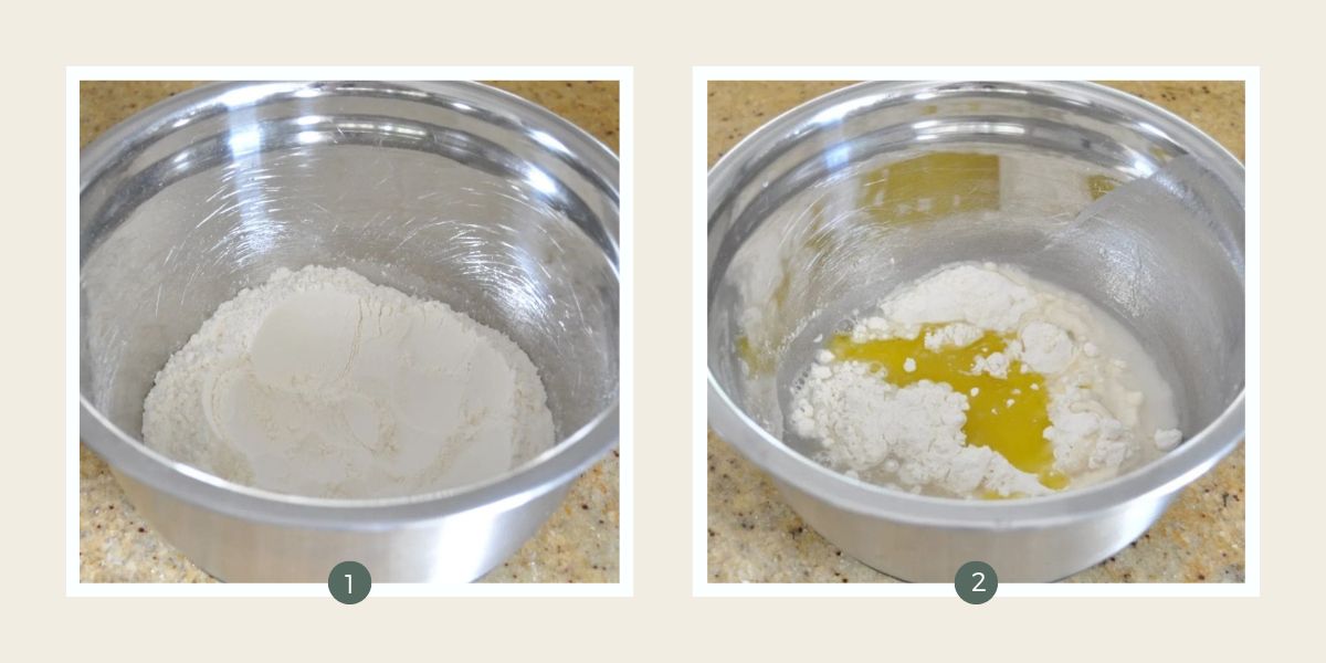 Flour in a stainless steel bowl and flour and oil and water in a bowl to make homemade water crackers.
