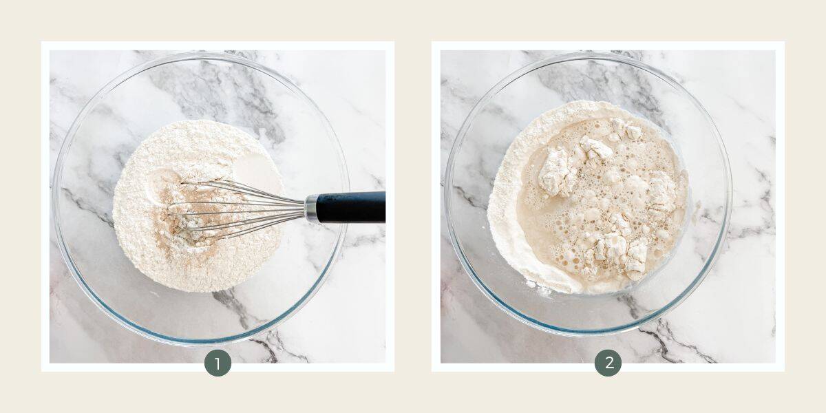 Glass bowl with flour, salt yeast and a whisk. Next bowl with water added on white bench top. 