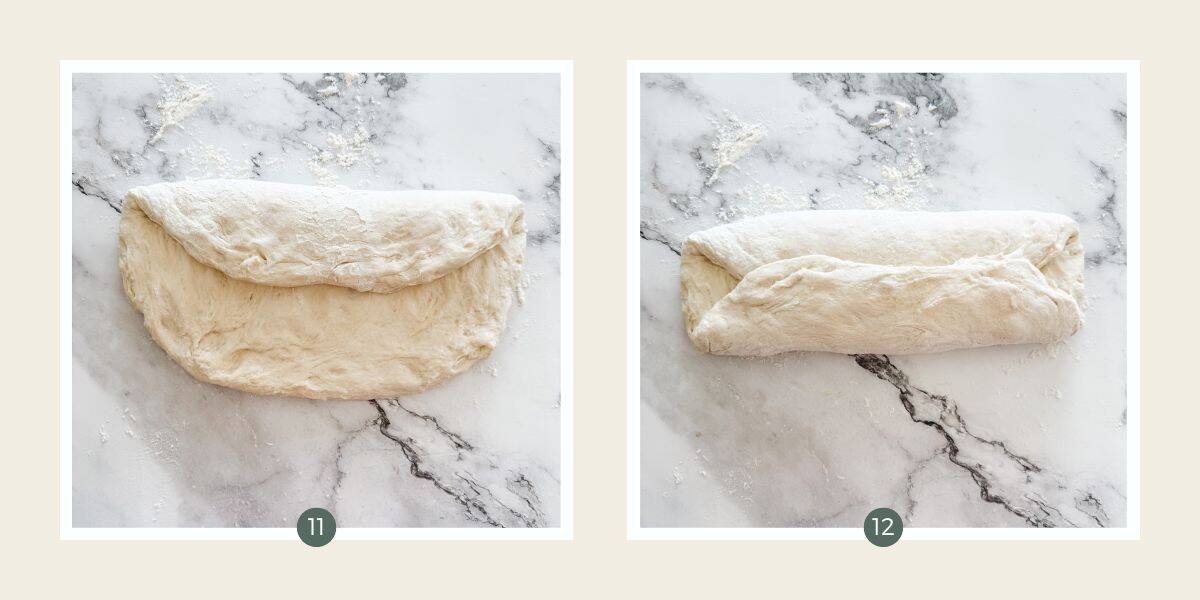 Shaping ciabatta dough on a white marble bench top. 