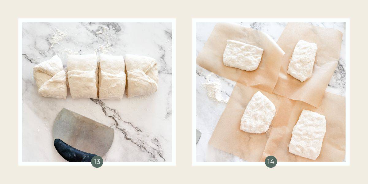 Cutting ciabatta dough log into 4 pieces and then shaping into rectangles on individual pieces of parchment paper. 