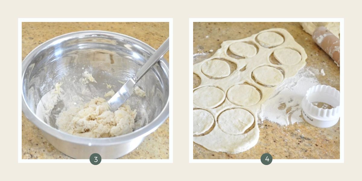 Dough in stainless steel bowl and rolled and cut on a bench to make water cracker biscuits.
