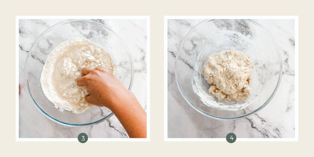 Glass bowl with flour and water with a hand kneading it. Bowl with ciabatta dough. 
