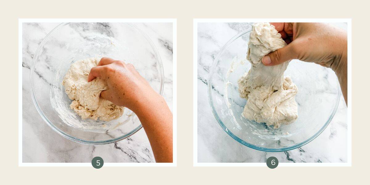 Ciabatta bread dough being kneaded in a large glass bowl on white marble benchtop. 