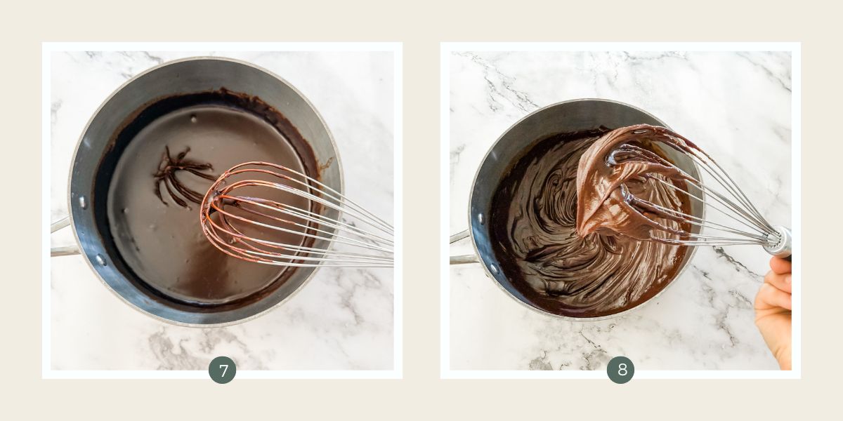Thick chocolate frosting in stainless steel saucepan with a whisk. 