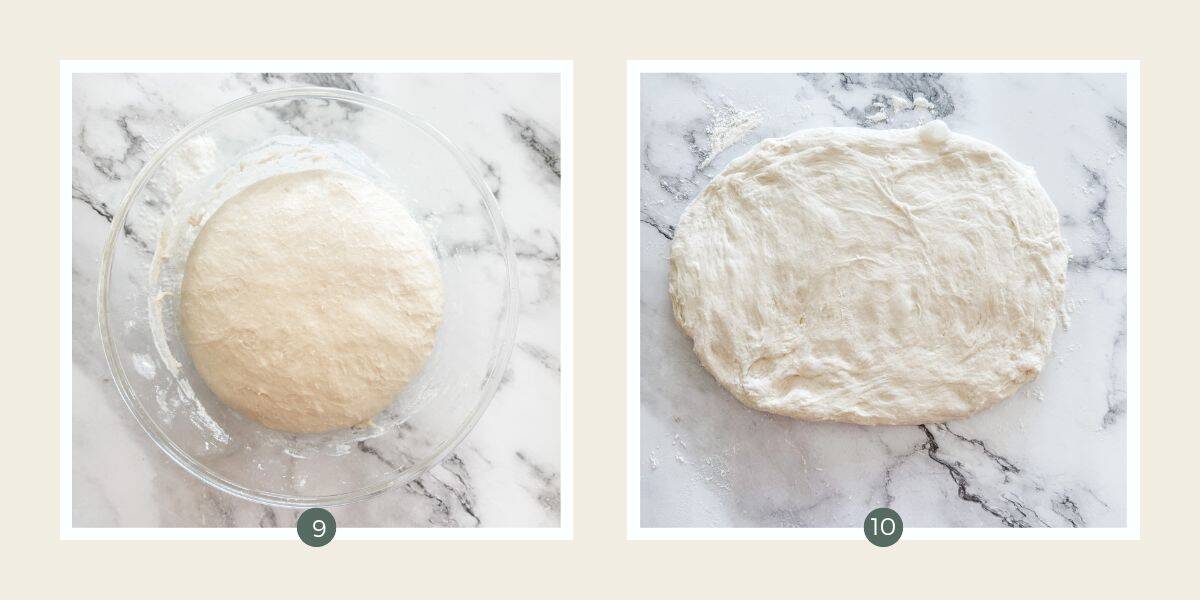 Ciabatta dough risen in glass bowl. Dough flattened into a disc on a bench top. 
