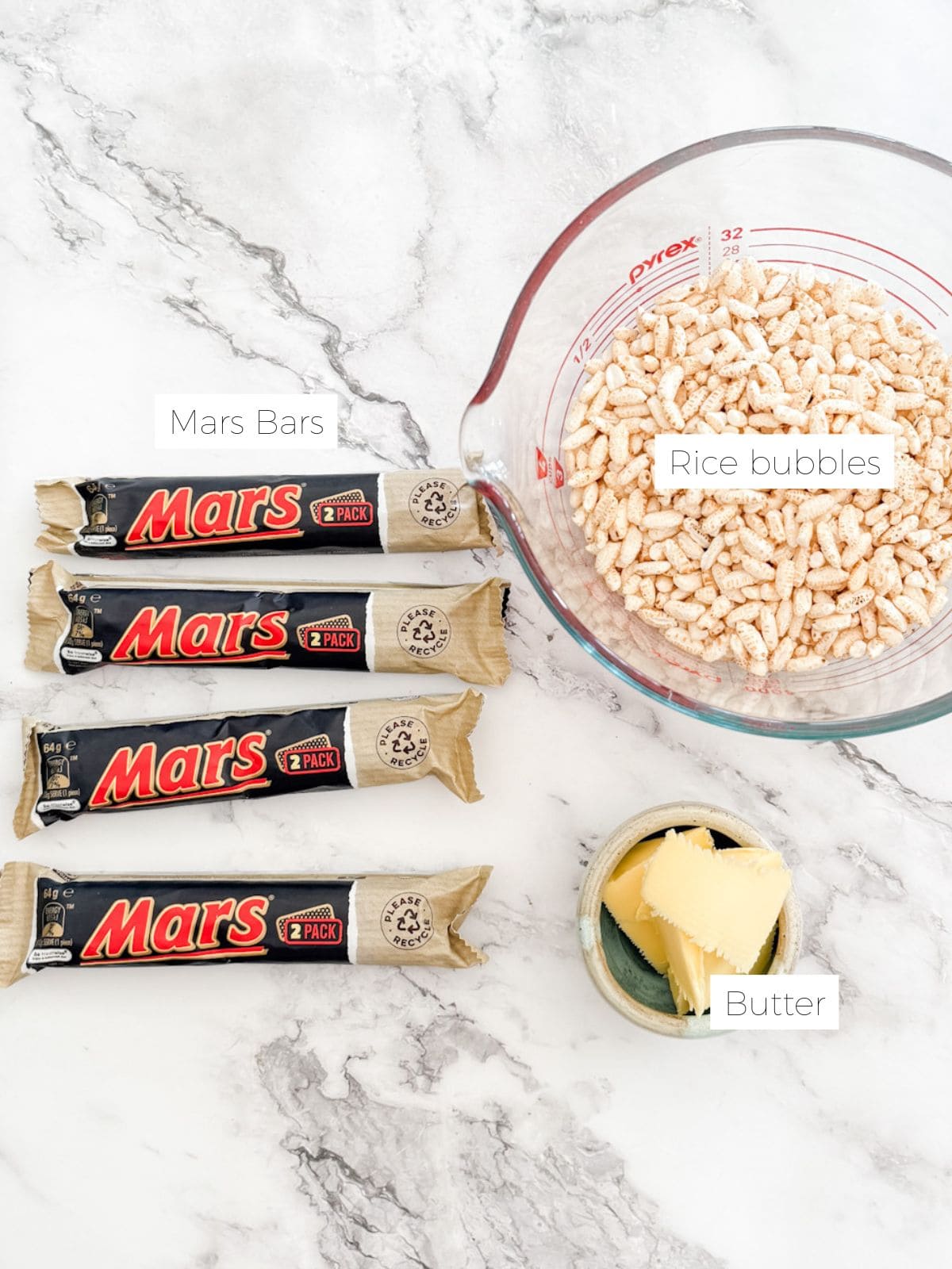 Ingredients in Mars Bar slice - Mars bars, rice bubbles and butter