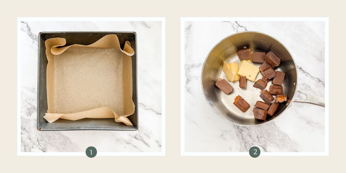 Square baking tin lined with baking paper and stainless steel saucepan with Mars Bars and butter in it to make Mars Bar Slice.
