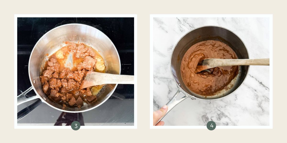 Broken Mars Bars and butter being melted together in a stainless steel saucepan to make Mars Bar Slice.