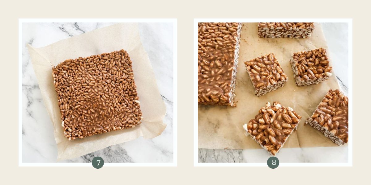 Mars Bar slice as a whole block and being sliced into squares on a white marble benchtop.
