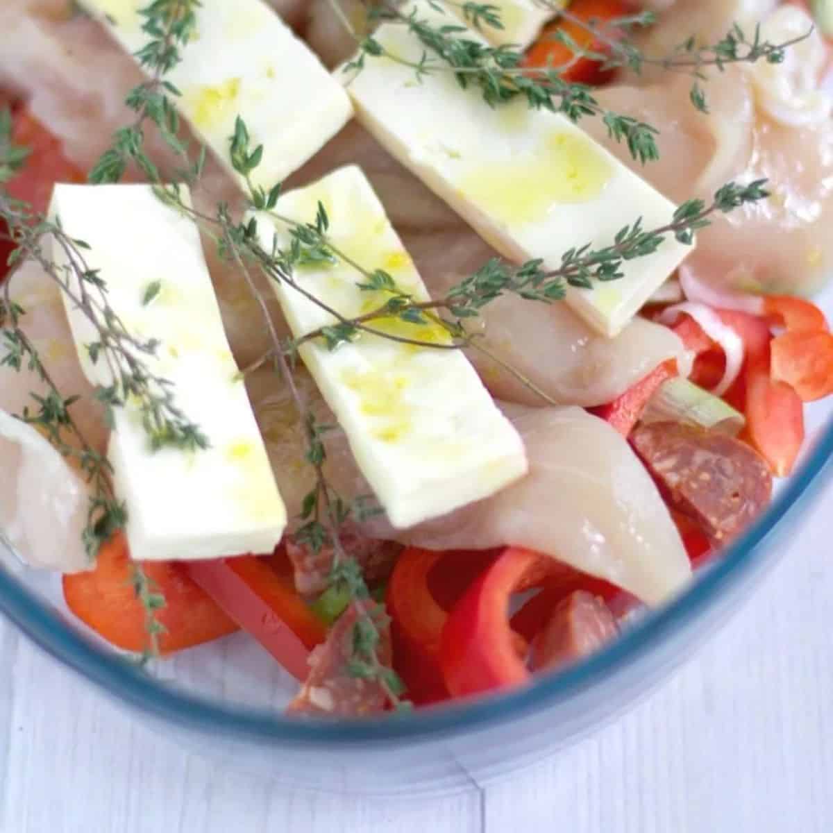 Chicken chorizo thyme and honey tray bake