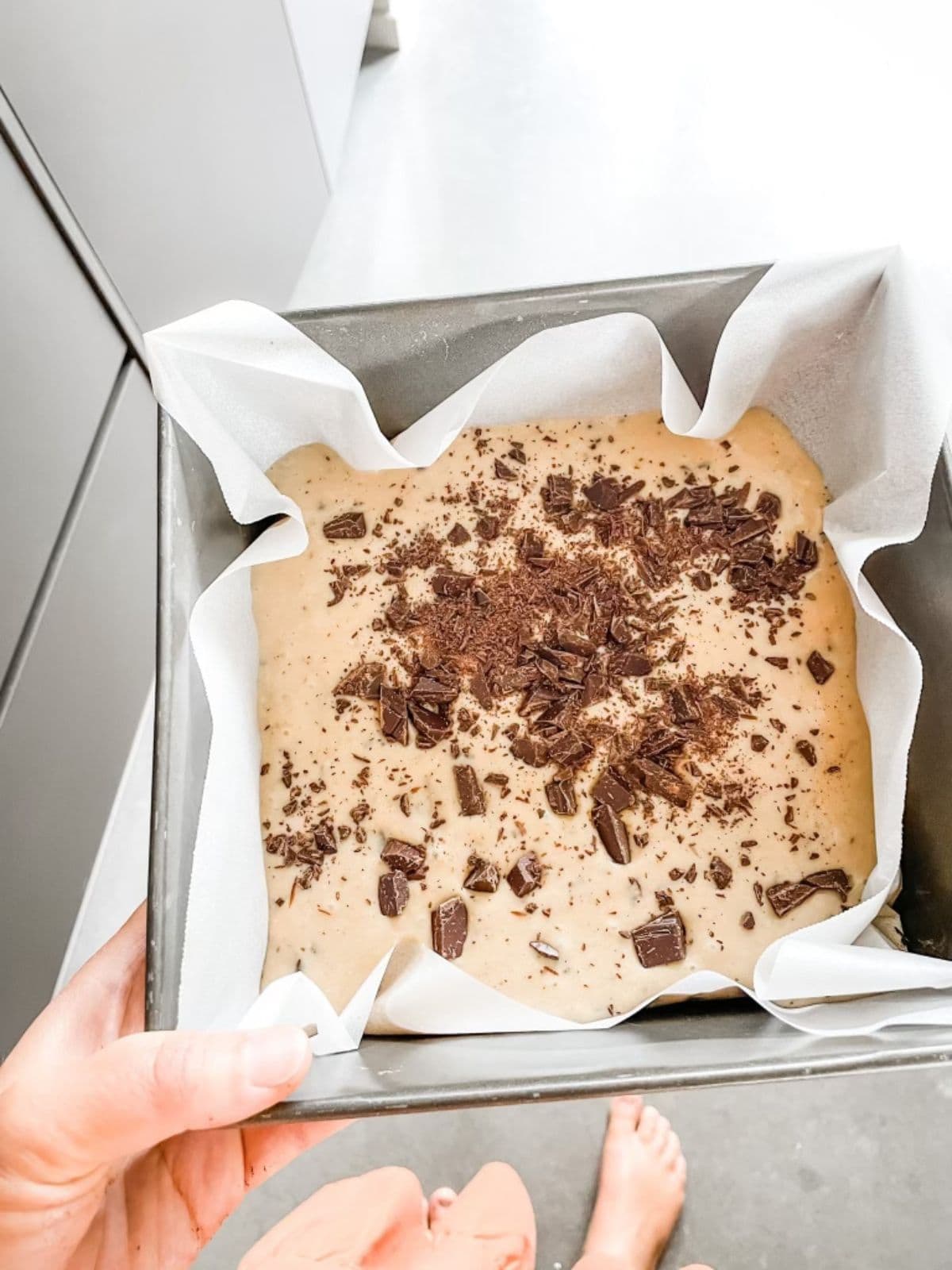 Gluten free blondies with chocolate chunks ready for the oven