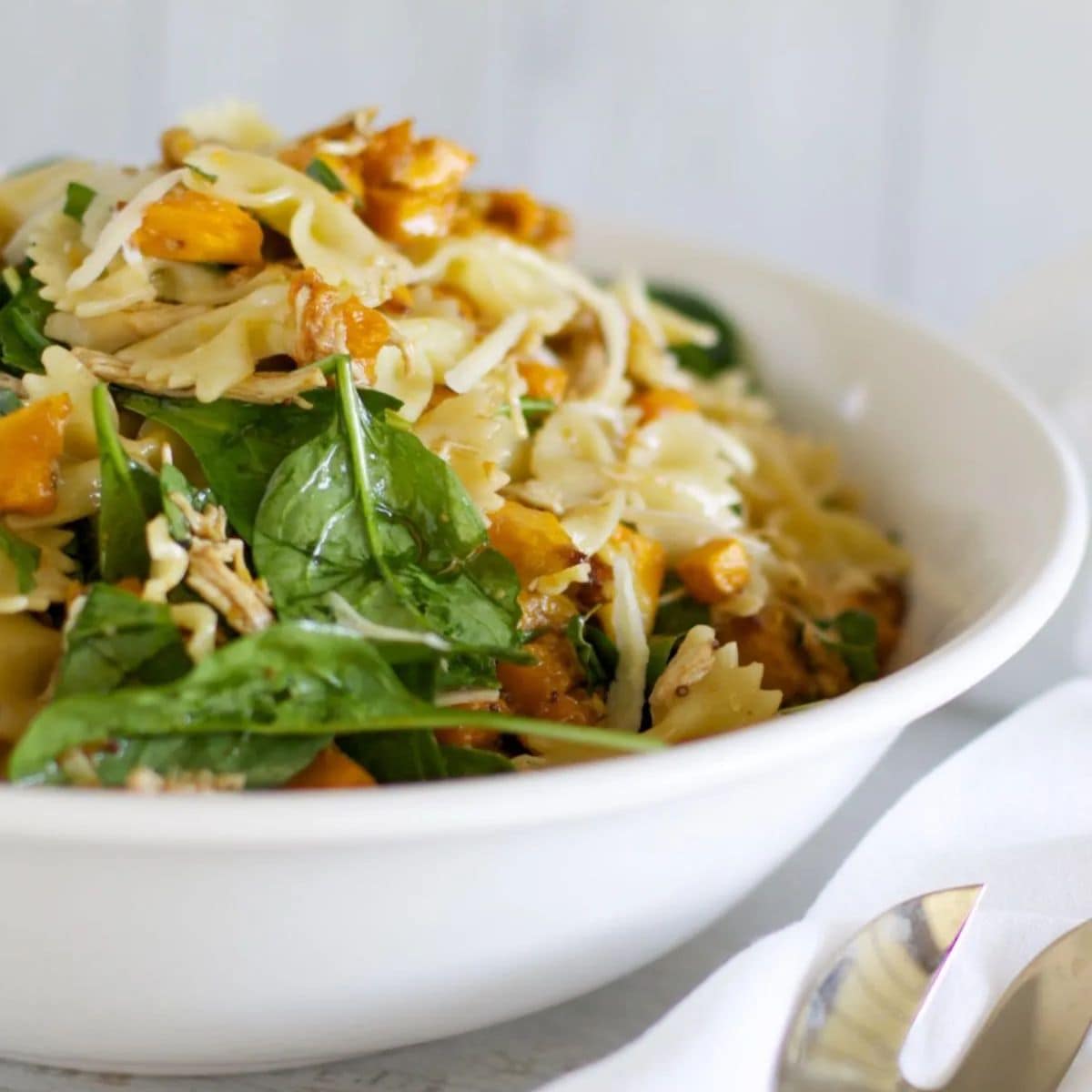 Maple pumpkin and walnut pasta salad with chicken