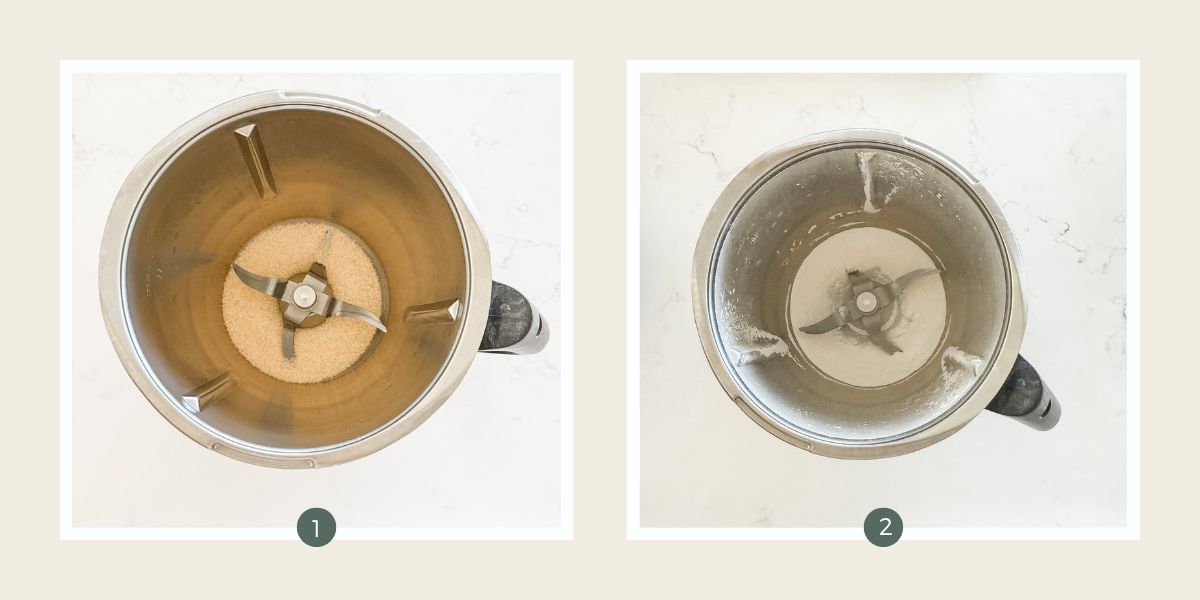 Sugar in a thermomix bowl to make powdered sugar for chocolate mousse. 
