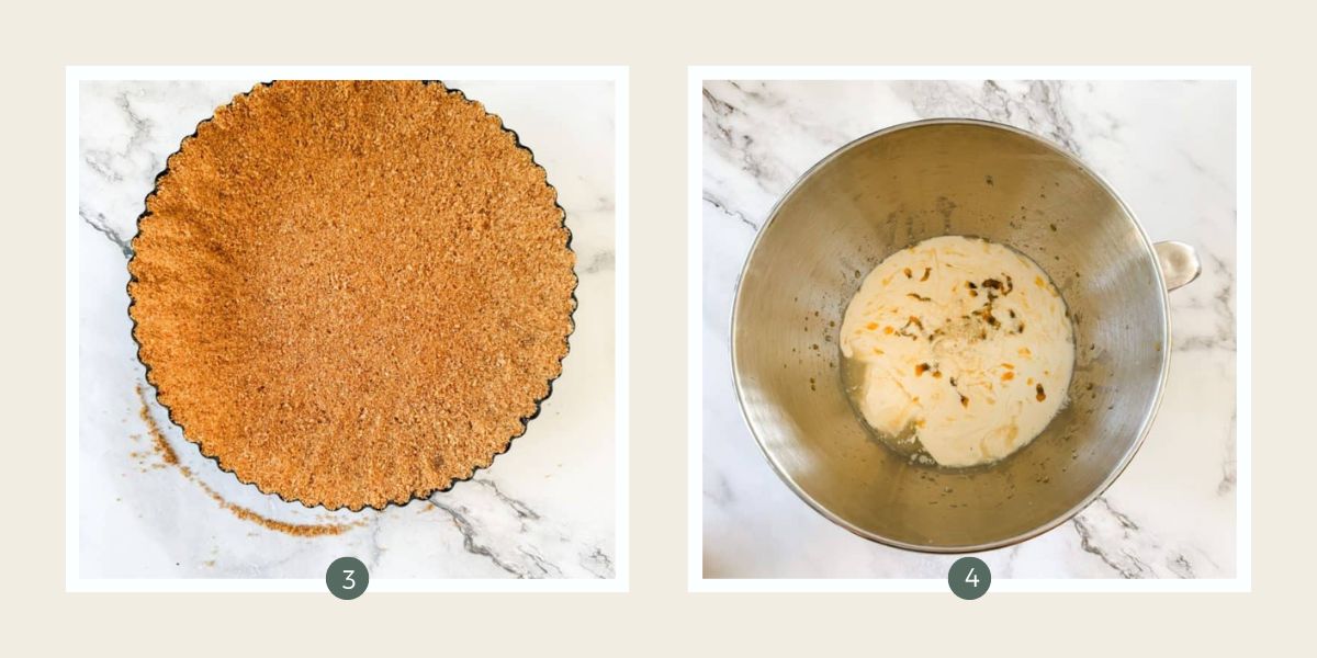 Pressing biscuit base into flan dish and no bake tart filling in a mixer bowl.