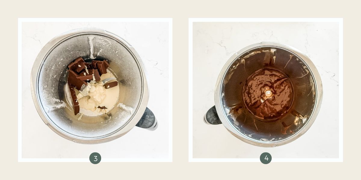 Melting chocolate and cream with icing sugar in a Thermomix to make chocolate mousse. 