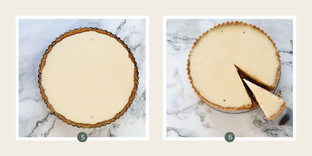 No bake passionfruit tart on white marble bench top and with slice cut from it.