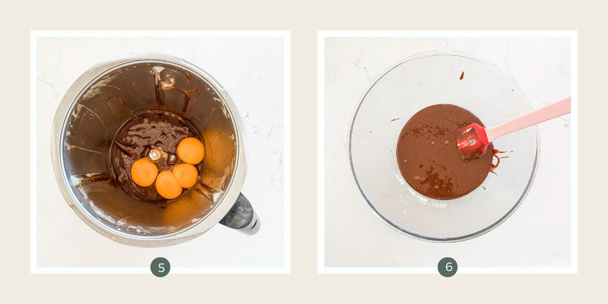 Egg yolks and melted chocolate in a Theromimx bowl to make chocolate mousse. 