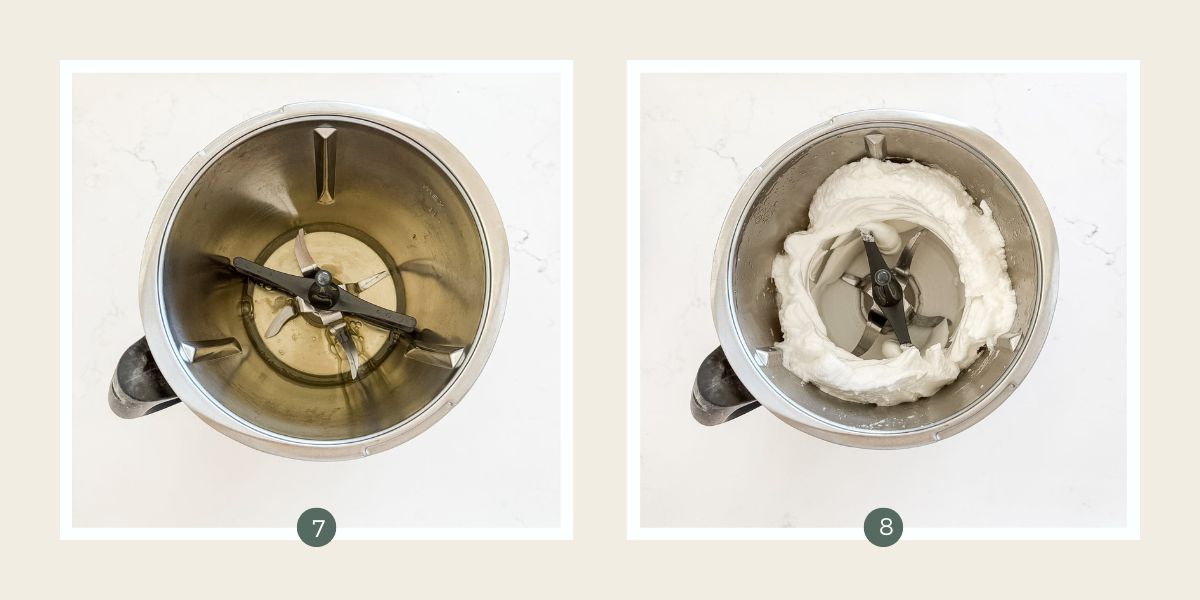 Whipping egg whites in the bowl of a Thermoimx. 