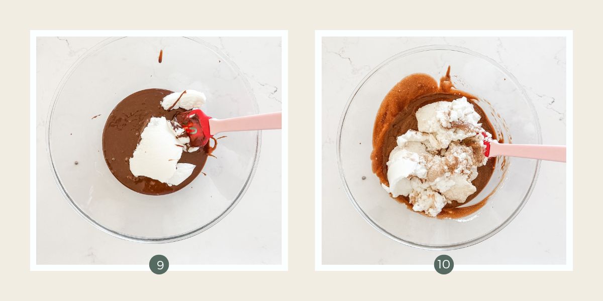 Folding whipped egg whites into melted chocolate to make chocolate mousse.