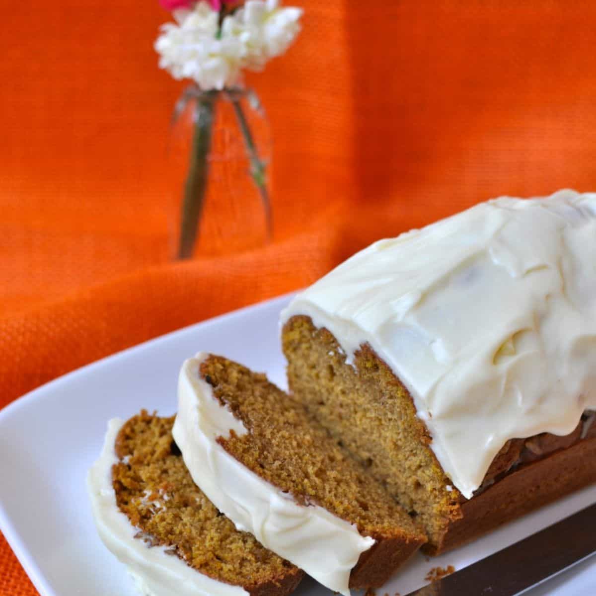 Harvest pumpkin bread with cream cheese icing