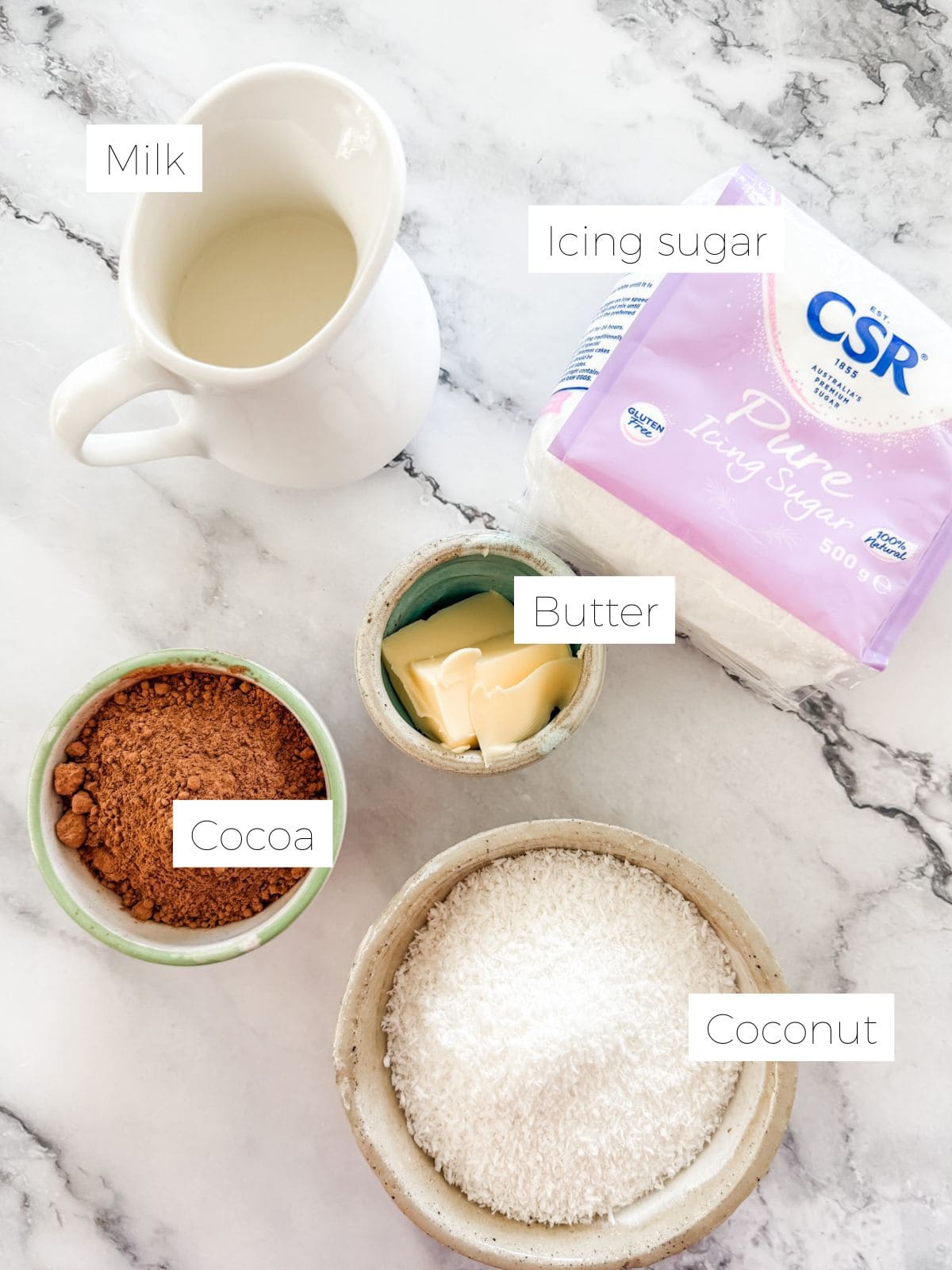 Ingredients for chocolate sauce for lamingtons in the Thermomix