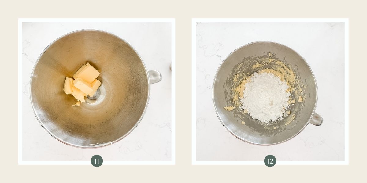 Whipping butter and vanilla in bowl of an electric mixer and adding icing sugar to make icing for chocolate sandwich cookies. 