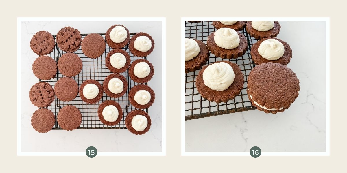 Putting filling in chocolate sandwich cookies. 