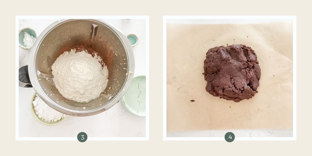 Flour and cocoa added to bowl of Thermomix over whipped butter and sugar - and ball of Oreo biscuit dough on brown paper. 