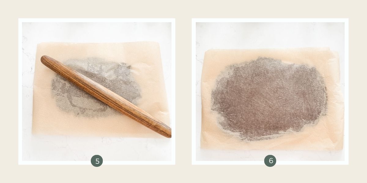 Rolling chocolate dough between two pieces of parchment paper. 