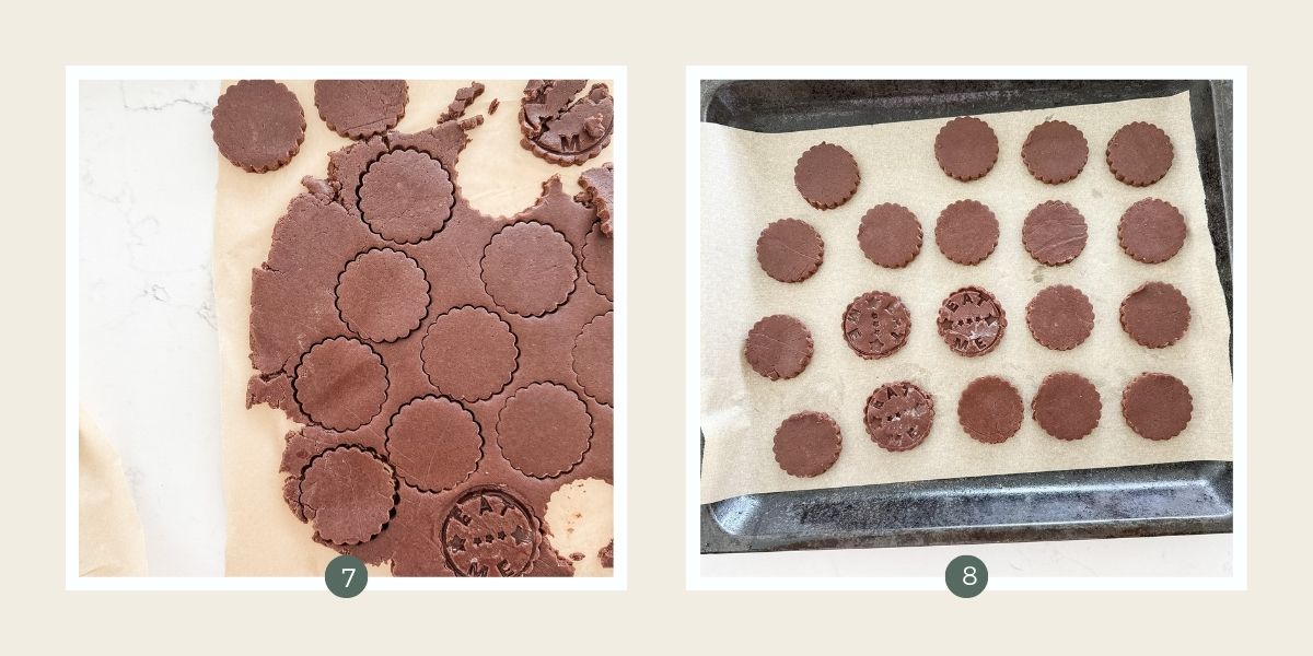 Cutting rounds from rolled out chocolate biscuit dough. 