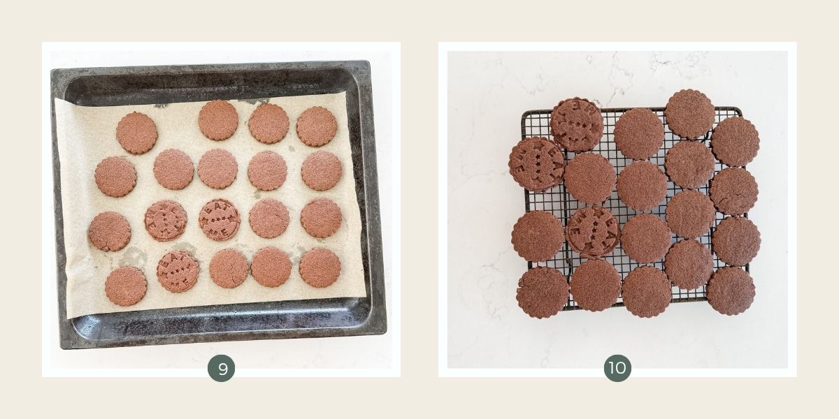 Baked chocolate biscuits on a cookie tray and cooling rack. 